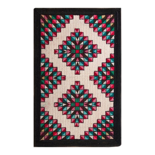 1930s Multicolor Diamond Antique American Hooked Rug Hand Knotted 2'4"x 3'8" Wool Carpet For Sale