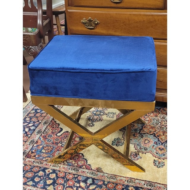 2000 - 2009 Pair Brass X Stools in Blue & Gold For Sale - Image 5 of 9