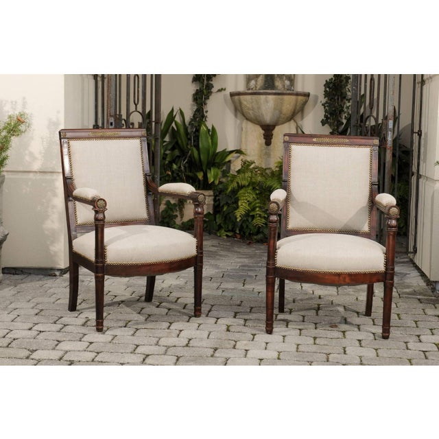 English English 19th Century Empire Revival Upholstered Armchairs with Palmettes For Sale - Image 3 of 10