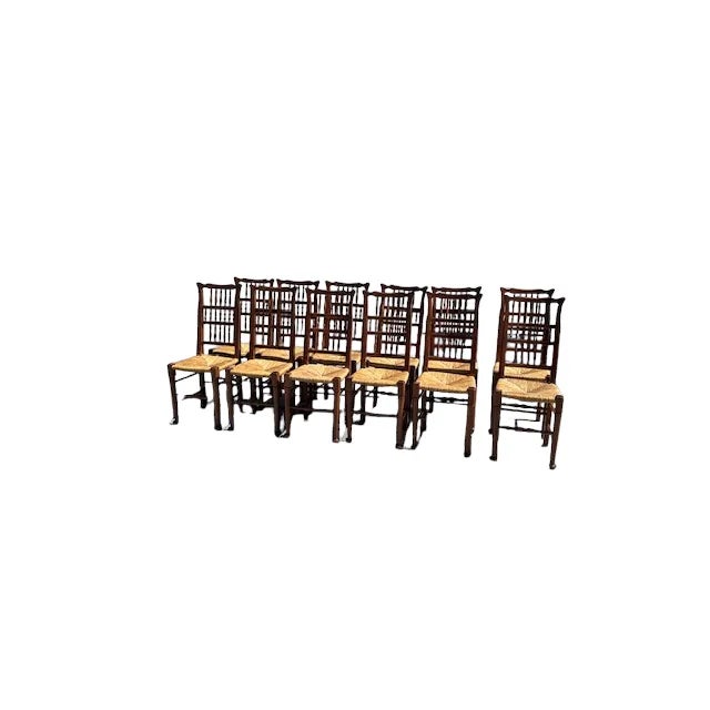 Set of 12 Walnut Rush Seated Spindle Back Chairs, Circa 1950s For Sale - Image 9 of 9