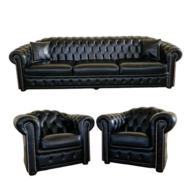Chesterfield Livingroom Set in Black Genuine Leather, Set of 3 For Sale - Image 9 of 9