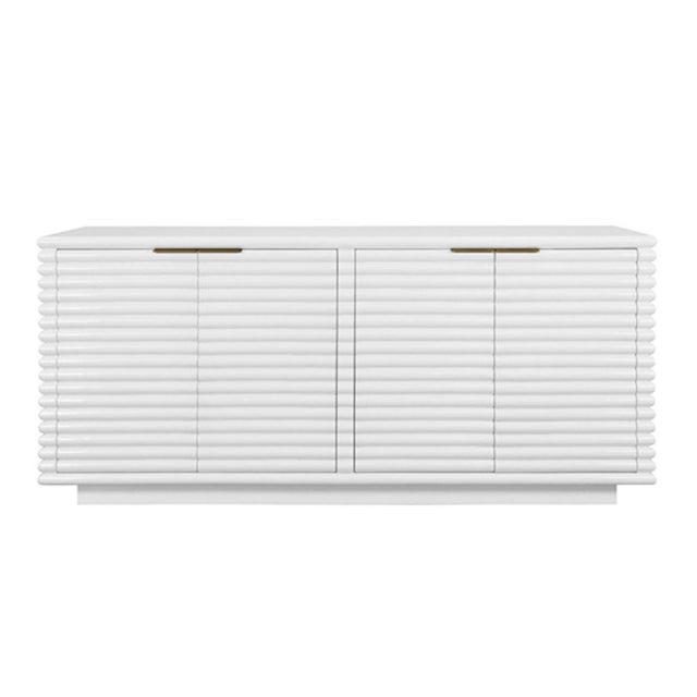 FOUR DOOR LARGE HORIZONTAL REED BUFFET WITH ANTIQUE BRASS HARDWARE IN MATTE WHITE LACQUER. Finished in Benjamin Moore Snow...