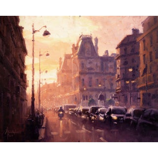 Light of Paris, Study by Christopher Clark | Oil Painting of a city street at sunset For Sale