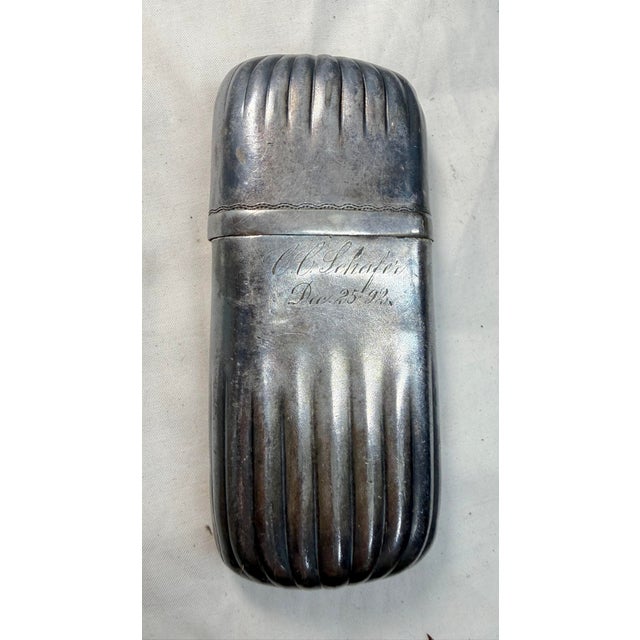American Antique 19th Century Silver-Plate Ribbed 2 Piece Cigarette Cigar Vesta Case Box For Sale - Image 3 of 11