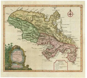 Antique Map of Martinique with Title Cartouche Garnished with Sugar Cane, 1760