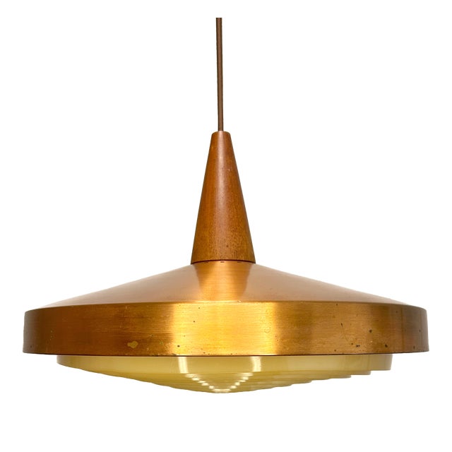 Mid-Century Danish Copper Pendant Lamp with Teak Top and Sculptural Acrylic Diffuser, 1960s For Sale