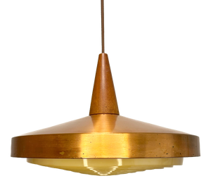 Mid-Century Danish Copper Pendant Lamp with Teak Top and Sculptural Acrylic Diffuser, 1960s