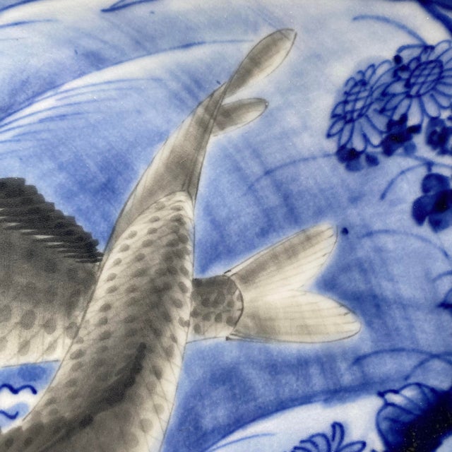 Large Blue & White Porcelain Carp Plate, Japan, 1880s For Sale - Image 12 of 15