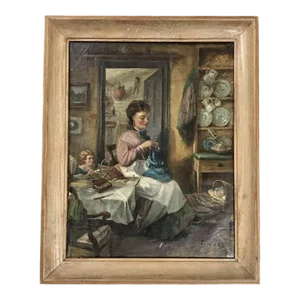 Primitive Oil Painting Domestic Scene, Early 19th Century Signed