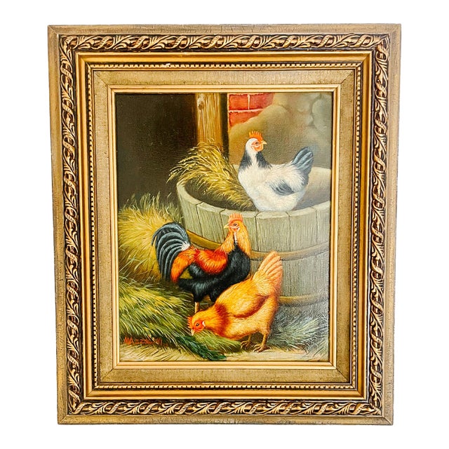 Late 20th Century Framed Rustic Chickens & Rooster Trio in Barnyard Oil Painting For Sale