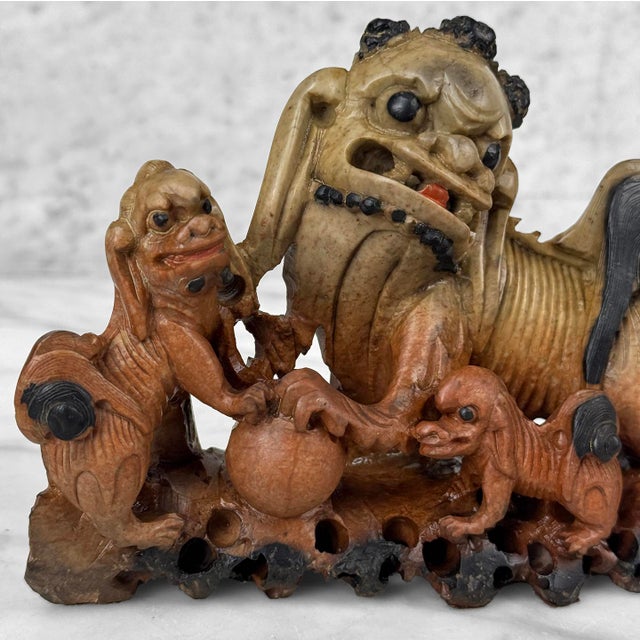 Stone Antique 9" Traditional Chinese Soapstone Foo Dog & Cubs Sculpture For Sale - Image 7 of 10