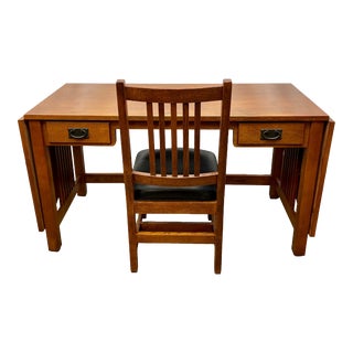 Vintage Bassett Mission Style Golden Oak Drop Leaf Writing Desk & Chair For Sale