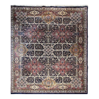Vintage Kerman Style Room Size Rug, Handwoven Geometric Pattern, Navy & Burgundy, 8’ X 10’ For Sale