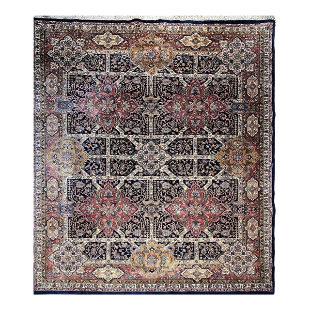 Vintage Kerman Style Room Size Rug, Handwoven Geometric Pattern, Navy & Burgundy, 8’ X 10’ For Sale
