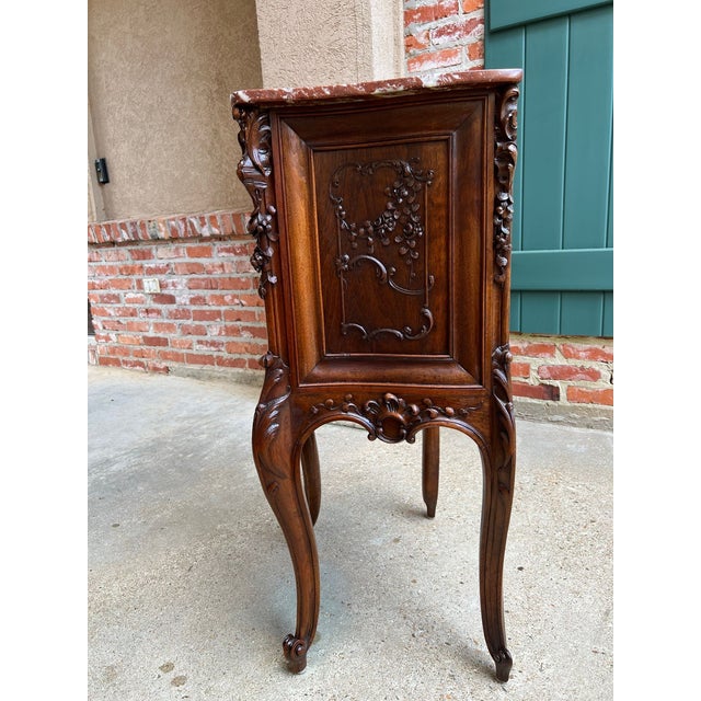 Antique French Nightstand Cabinet Marble Top Louis XV Carved Walnut C1890 For Sale - Image 9 of 18