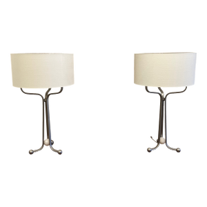 Baker Larimar Table Lamp, Satin Nickel Finish & Alabaster With White Linen Drum Shade
