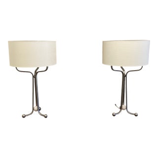 Baker's Larimar Table Lamp, Satin Nickel Finish & Alabaster With White Linen Drum Shade For Sale