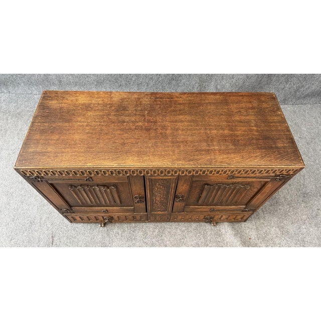 Antique Carved Oak Buffet With Metal Hardware For Sale In Raleigh - Image 6 of 18