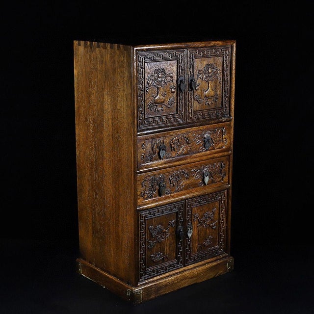 Chinese Vintage Huali Wood Miniature Cabinet With Drawers and Carved Doors For Sale - Image 3 of 10