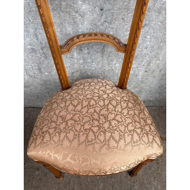 French Pair Antique Hand Carved French Side Chairs With Fortuny Style Upholstered Seats For Sale - Image 3 of 7