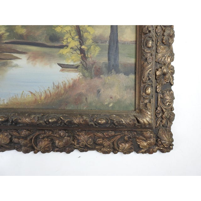 Antique Ornate Picture Frame With Folk Art Landscape Painting For Sale - Image 4 of 7