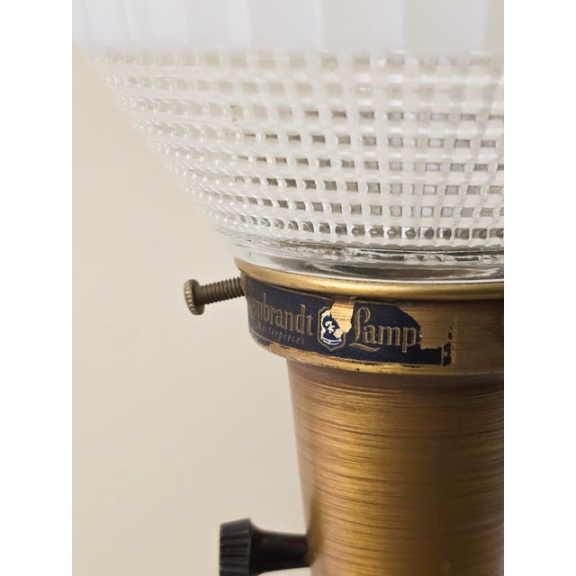 Mid-Century Modern Pair of Vintage Rembrandt Brass Table Torchiere Lamps With Original Glass Diffusers For Sale - Image 3 of 4