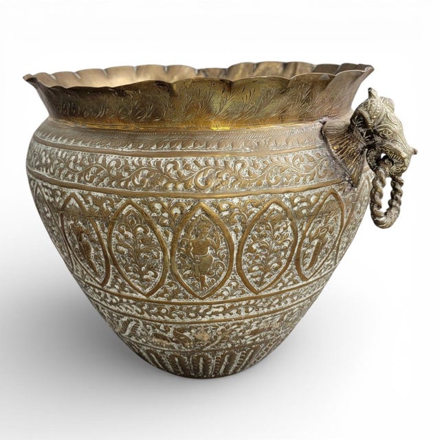 Metal Large Indian Brass Jardinière with Elephant Handles, 1880 For Sale - Image 7 of 18