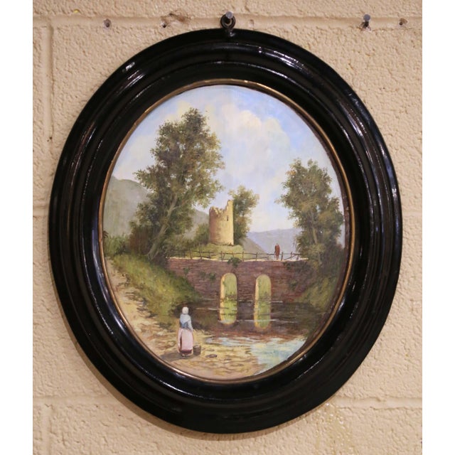 Late 19th Century 19th Century French Oval Landscape Oil Painting With Bridge and Ruins For Sale - Image 5 of 9