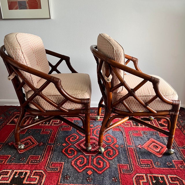 1960's Bamboo Chairs Tub Barrel Style on Casters Pink Cushions- A Pair For Sale - Image 11 of 12