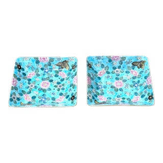 Pair Chinoiserie Bright Square Vide Poches For Sale