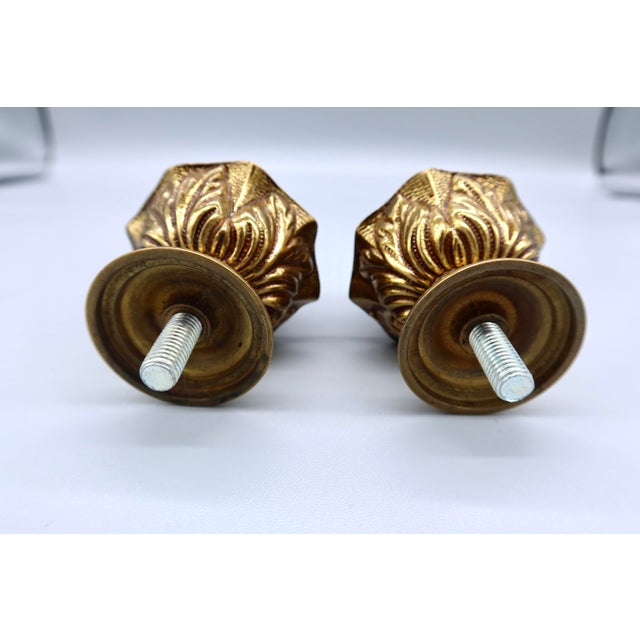 Traditional Pair of Vintage French Gilt Brass Pineapple Curtain Rod Finials — Empire Style, Acanthus Leaf Detail For Sale - Image 3 of 5