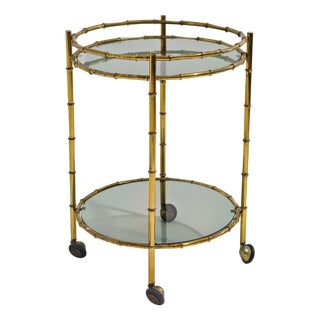 Bamboo-Effect Brass Food Trolley with Two Smoked Glass Shelves, 1960s For Sale