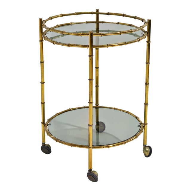 Bamboo-Effect Brass Food Trolley with Two Smoked Glass Shelves, 1960s For Sale
