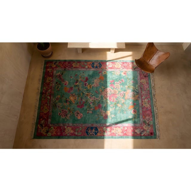 1920s Green Floral Minimalist Antique Chinese Art Deco Rug 8'10" X 11'4" Handknotted Wool Carpet For Sale In New York - Image 6 of 7