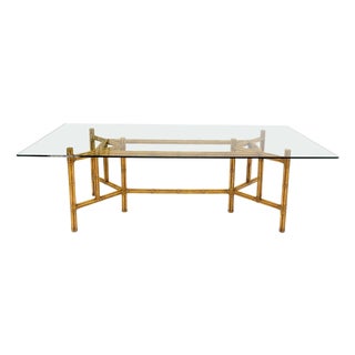 Mid 20th Century Large Bamboo & Leather Frame 3/4" Thick Glass Top Dining Conference Table For Sale