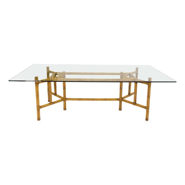 Mid 20th Century Large Bamboo & Leather Frame 3/4" Thick Glass Top Dining Conference Table For Sale