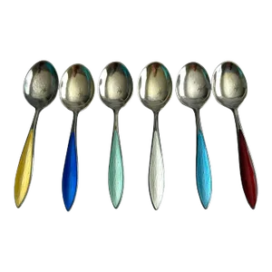 Vintage N M Thune Norway Sterling Silver and Enamel Demitasse Spoons- Set of 6