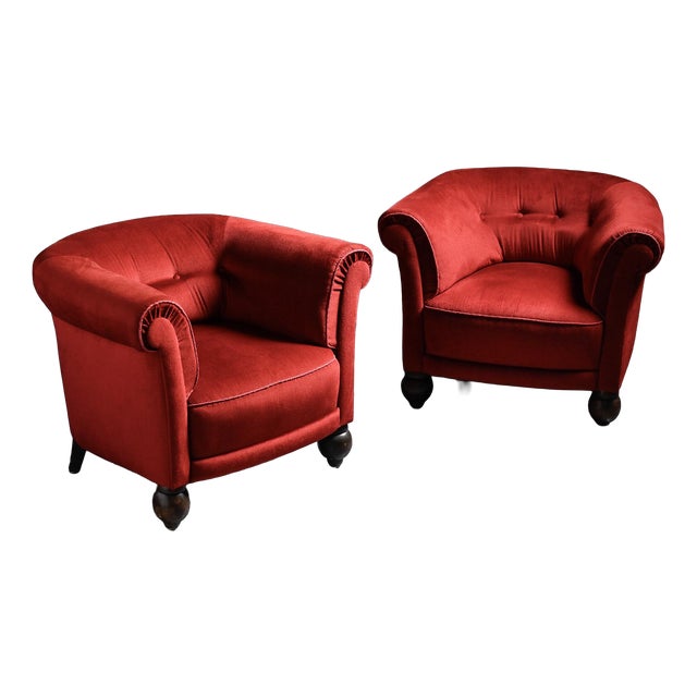 Art Deco Red Velvet Armchairs, France, 1920s, Set of 2 For Sale