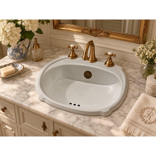Vintage Kohler K2189 Traditional Style Scalloped White Porcelain Oval Bathroom Sink For Sale In Pittsburgh - Image 6 of 6