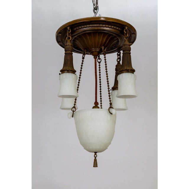 Early 20th Century Brass & Milk Glass Pan Style Chandelier W/ Rope & Urn Details For Sale - Image 13 of 13