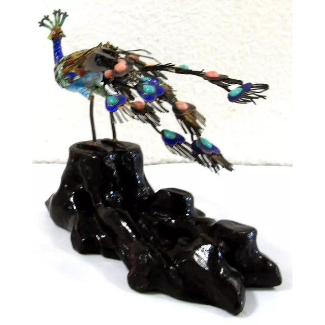 Antique Chinese Silver Gilt Cloisonne Jeweled Peacock Bird Sculpture, 19th Century For Sale - Image 9 of 12