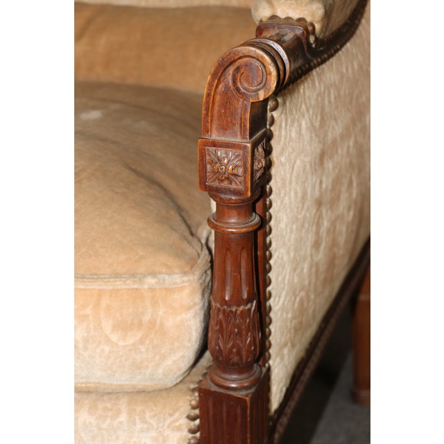 Pair of Antique French Louis XVI Bergère Chairs, Walnut Carved Frames With Down Cushions, Turn of the Century For Sale - Image 12 of 15