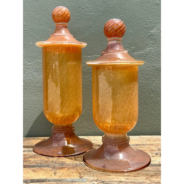 Vintage Murano Vietri Amber Glass Apothecary Jars - Pair For Sale - Image 11 of 12