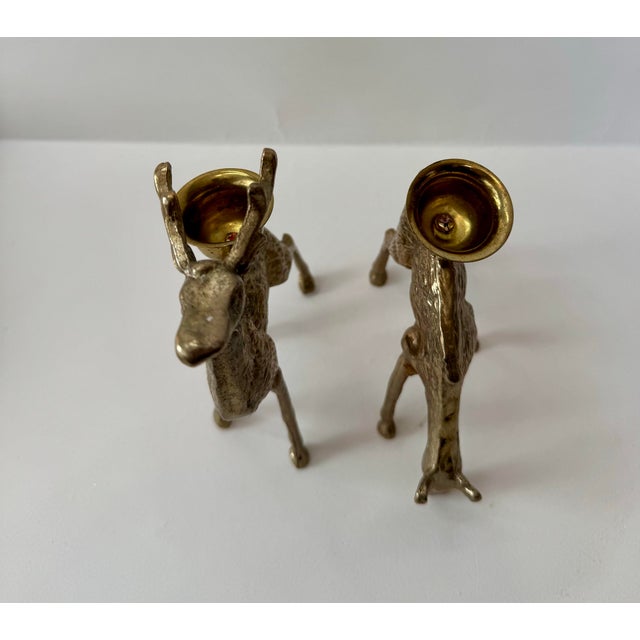Vintage Brass Tabletop Collection: Trumpet & Reindeer Taper Holders - Set of 5 For Sale - Image 4 of 9