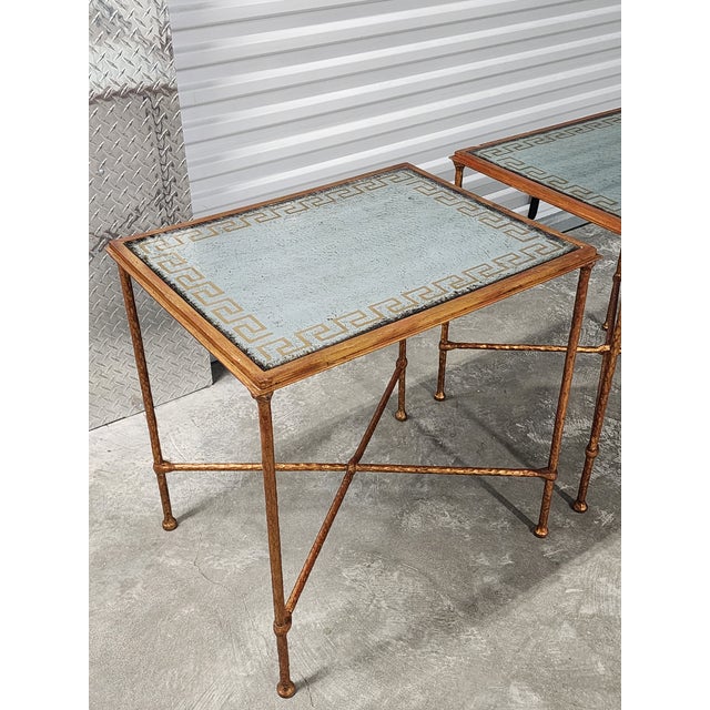 Eglomise Silver & Gold Leaf Greek Key Motif Hollywood Regency Style Gilded Wrought Iron Side Tables - A Pair For Sale In New York - Image 6 of 15
