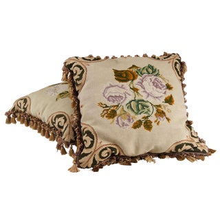 Floral Embroidered Needlepoint Pillows - a Pair For Sale