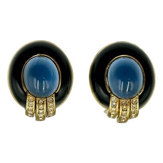 Ciner Dreamy Blue Glass Enamel Signed Earrings Clip 80s Vintage For Sale