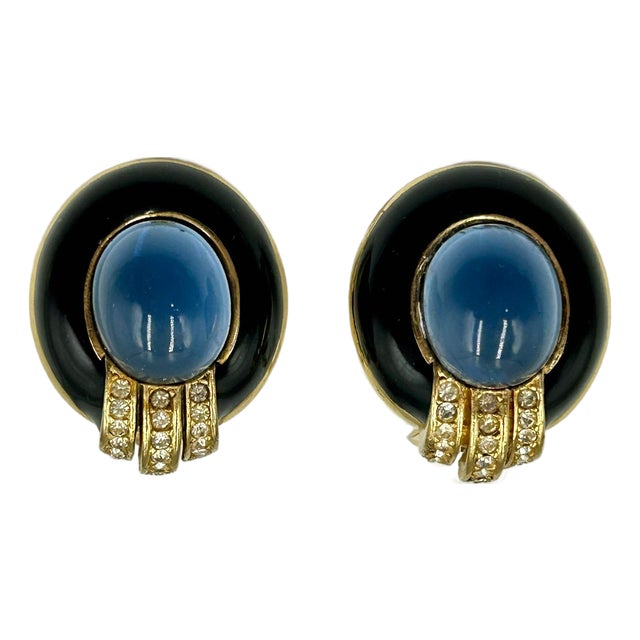 Ciner Dreamy Blue Glass Enamel Signed Earrings Clip 80s Vintage For Sale