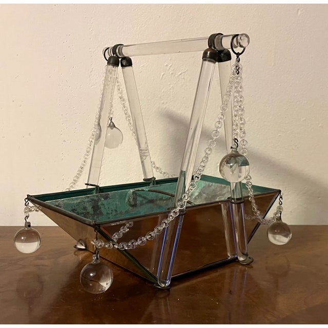 Antique Art Deco Crystal and Tole Orchid Flower Cache Pot With Glass Chains and Mirrored Sides, Copper Liner Circa 1920 For Sale - Image 12 of 12