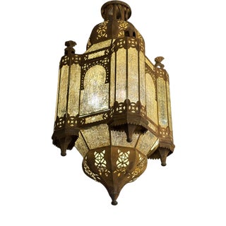 Monumental Arab-Moorish Hanging Lantern in Pierced Metal with Translucent Panels, 1920s For Sale